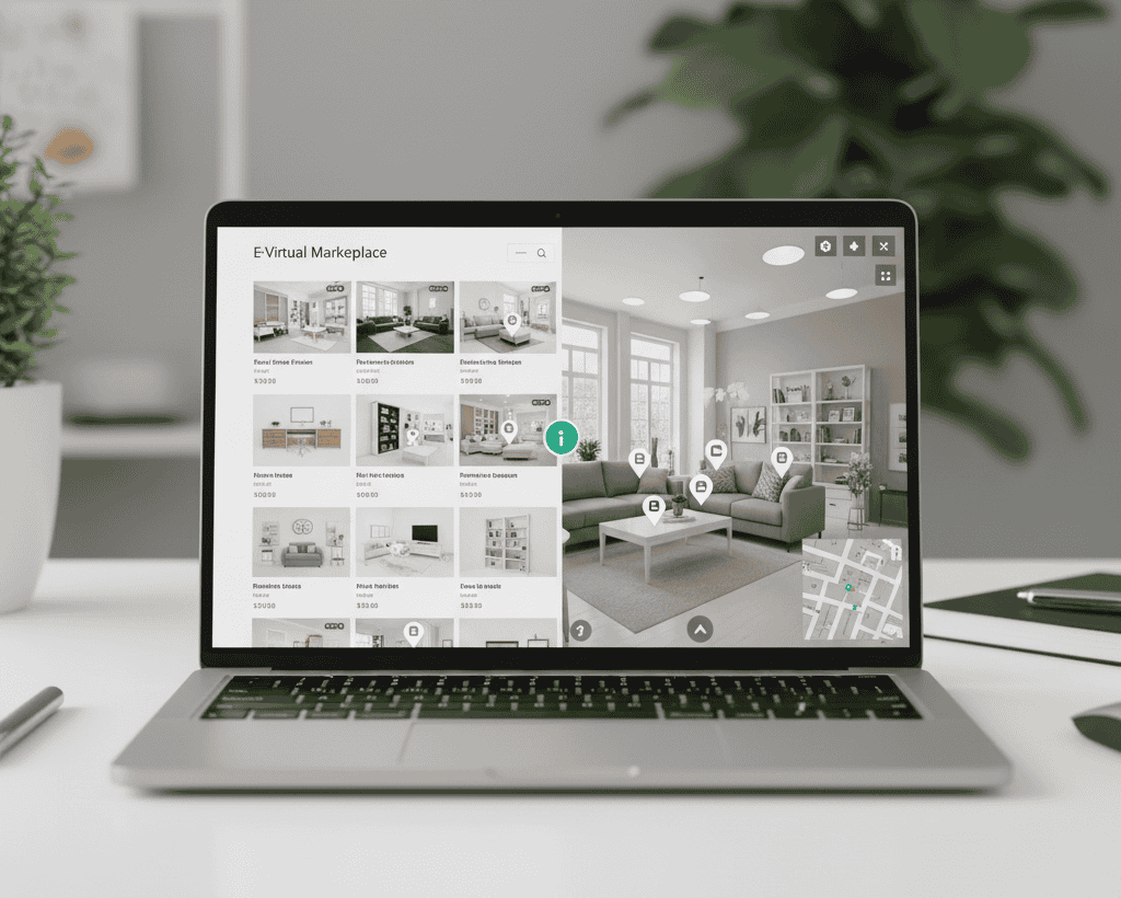 Perbandingan antara virtual tour imersif dengan tampilan grid marketplace