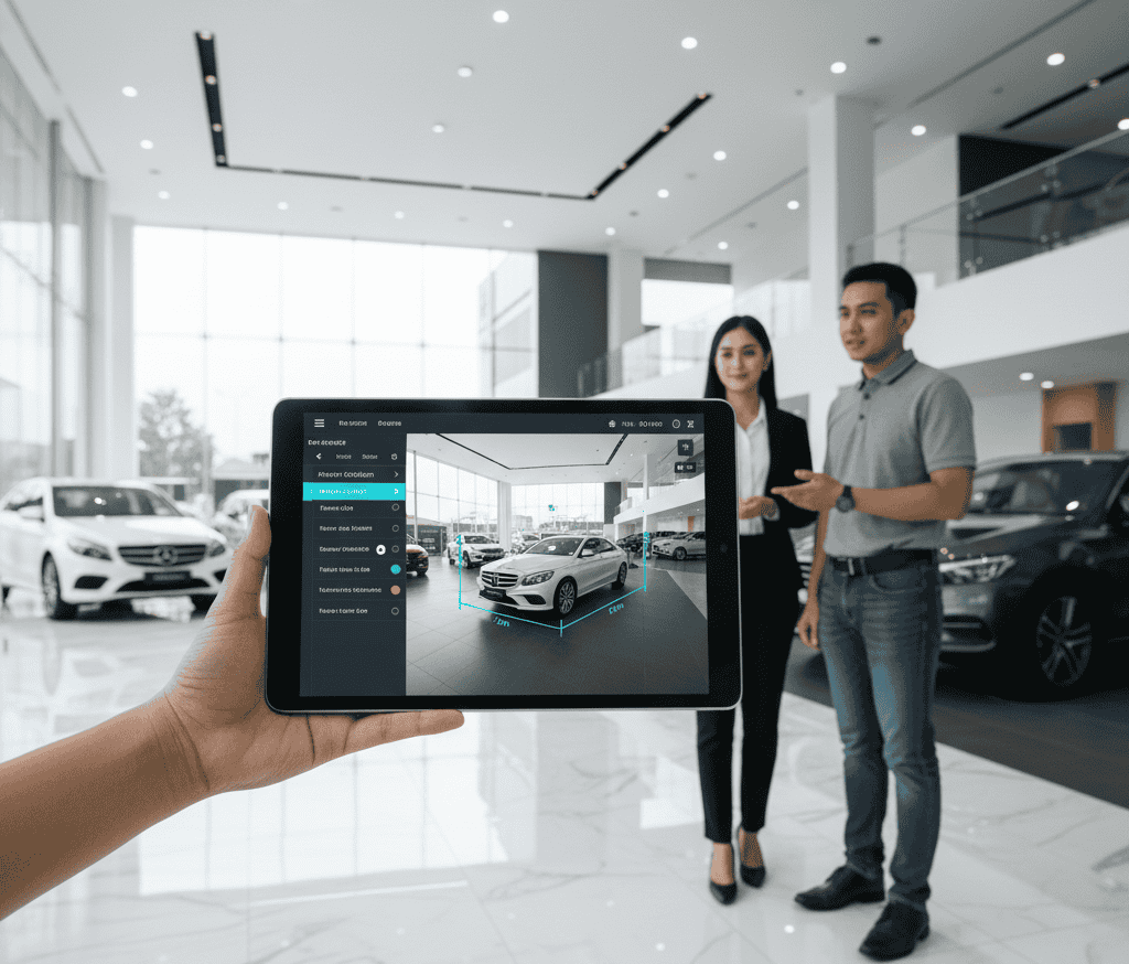 Visualisasi showroom mobil yang luas dan penuh koleksi