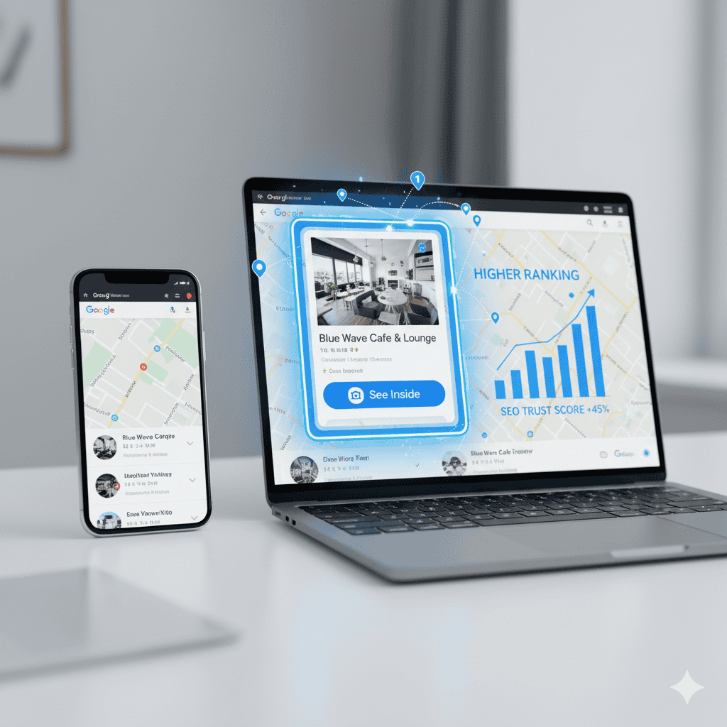 Contoh Google Business Profile dengan tombol See Inside virtual tour indonesia 3D visual pro